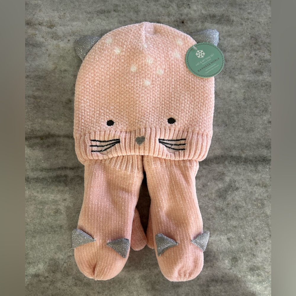 Barnes & Noble Pink and Silver Knit Hat & Mittens Set Ages 3-6